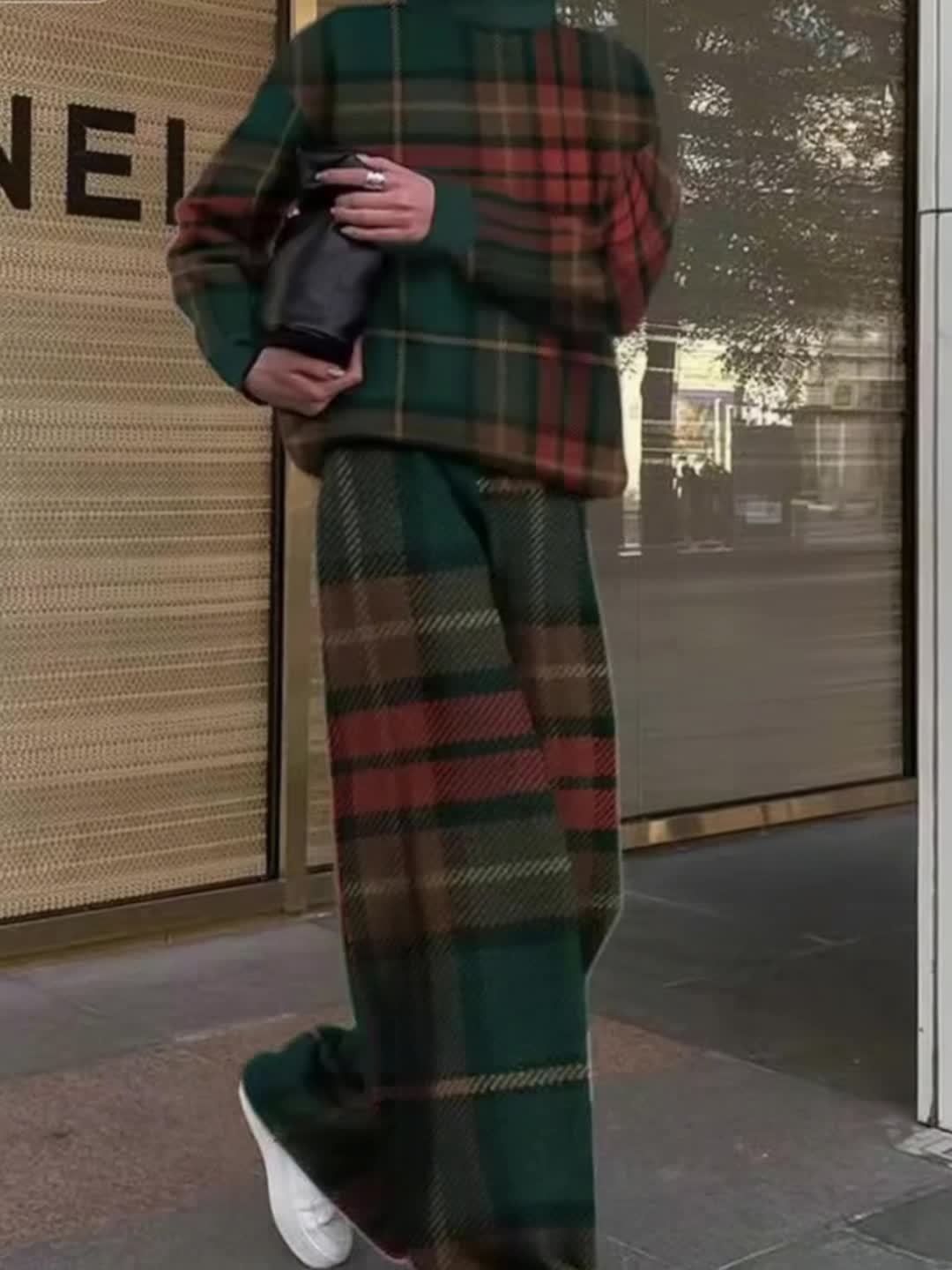 Women's Houndstooth Pants Set - Loose High-Neck Long Sleeve Two-Piece Outfit