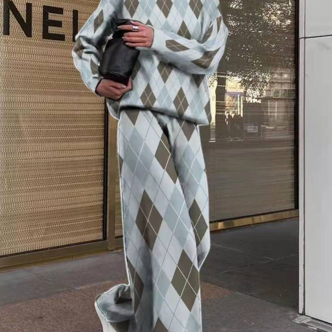 Women's Houndstooth Pants Set - Loose High-Neck Long Sleeve Two-Piece Outfit