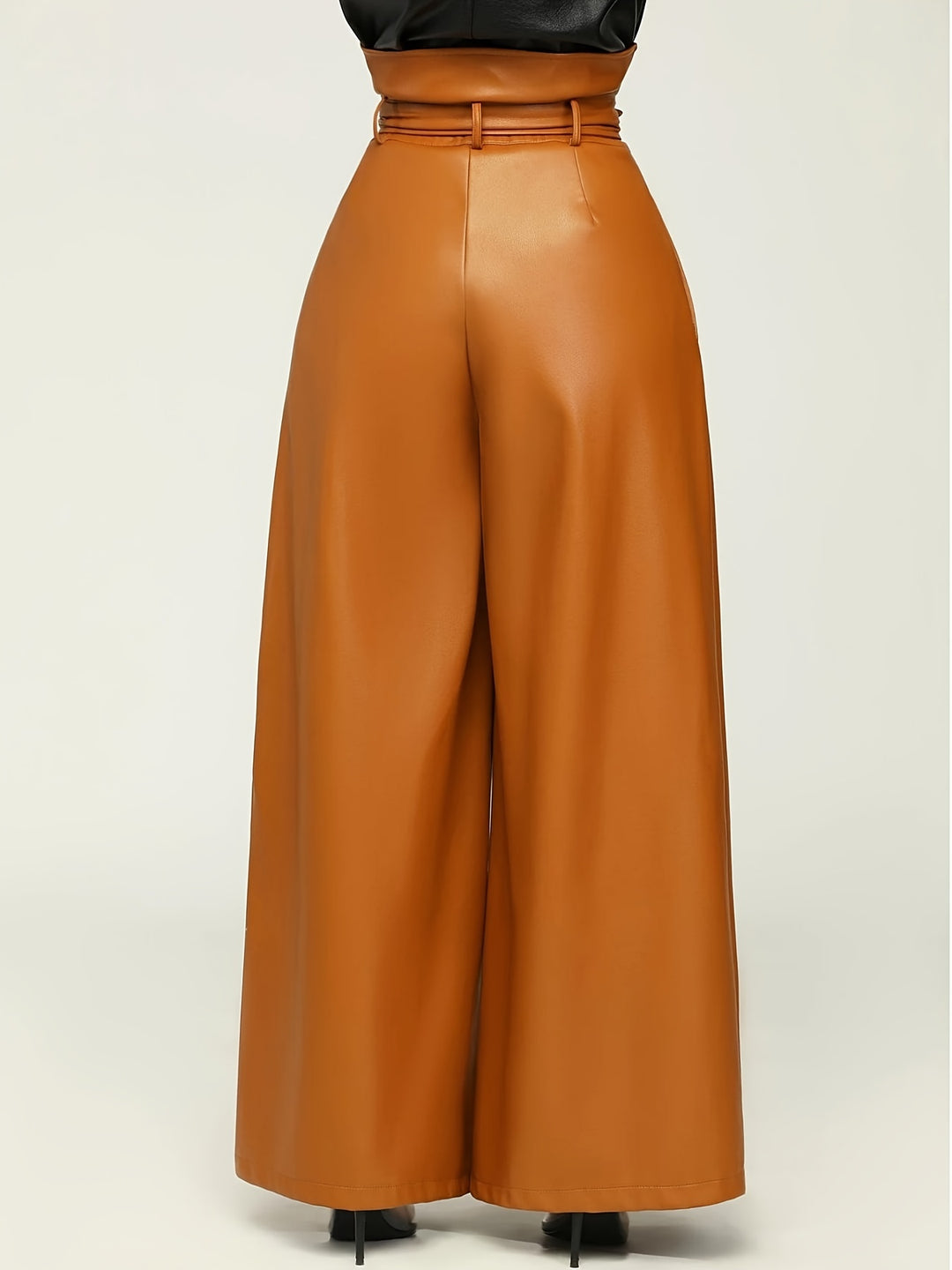 Women's High-Waisted Wide Leg Pants with Metallic Belt Detail