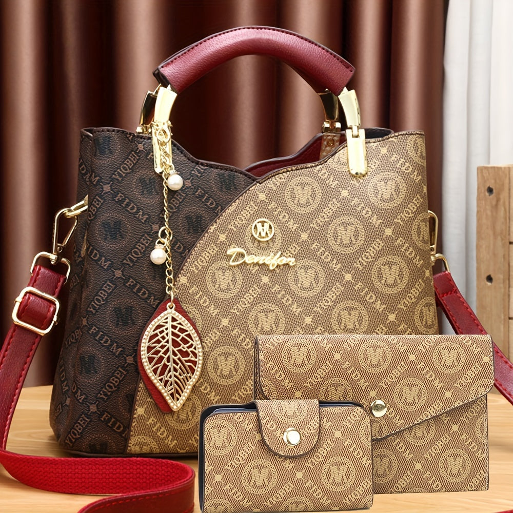 FIDM Women's 3pcs Golden  Handbag Collection - Elegant ic Closure Tote, Matching Clutch & Wallet/Purse, Luxury  for, Wedding, Travel (Golden-Tone, Durable & Versatile)