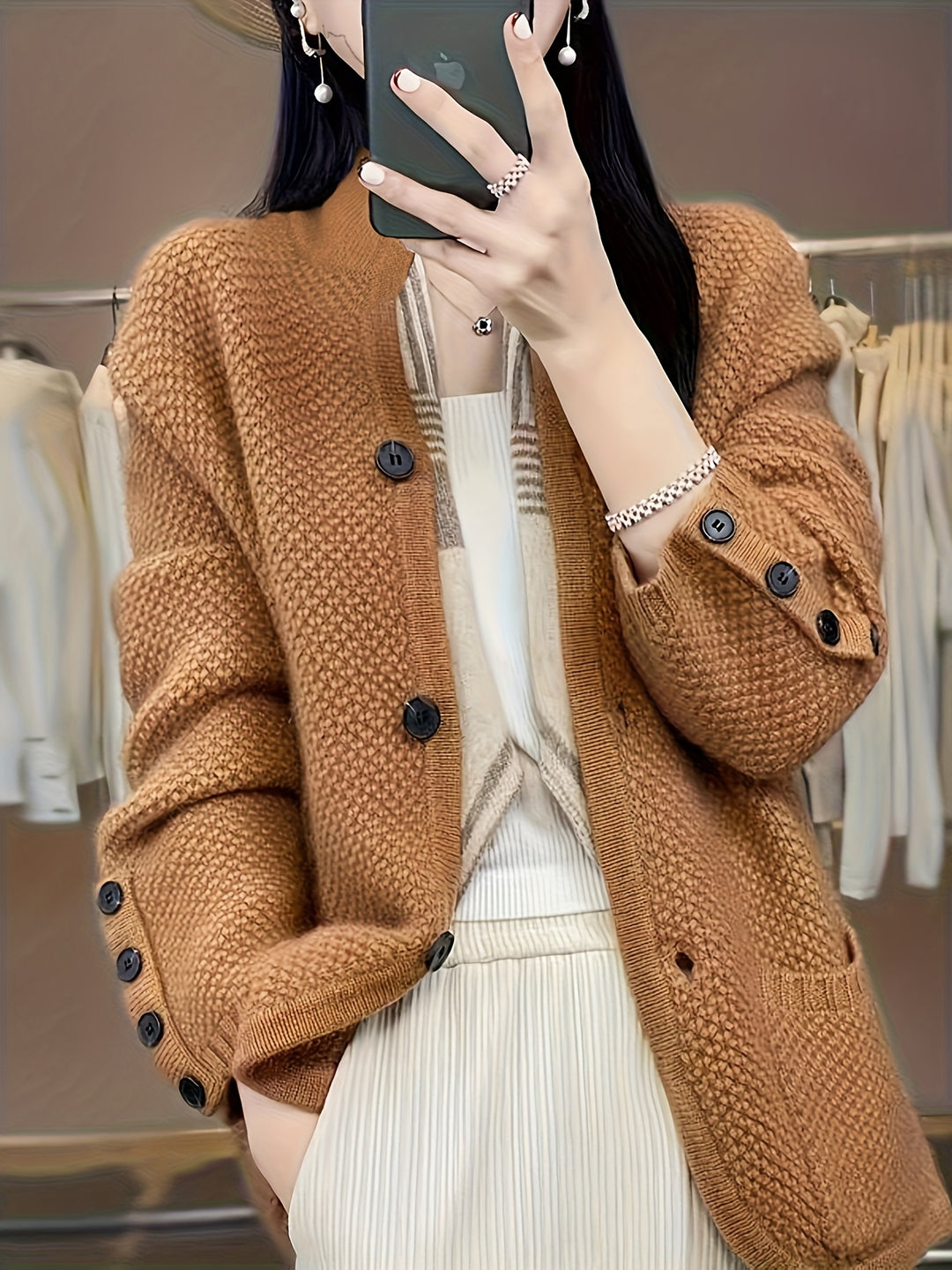 Elegant Women's High Neck Pocket Cardigan Coat, Autumn and Winter Outfit, Casual Streetwear for Daily Commute