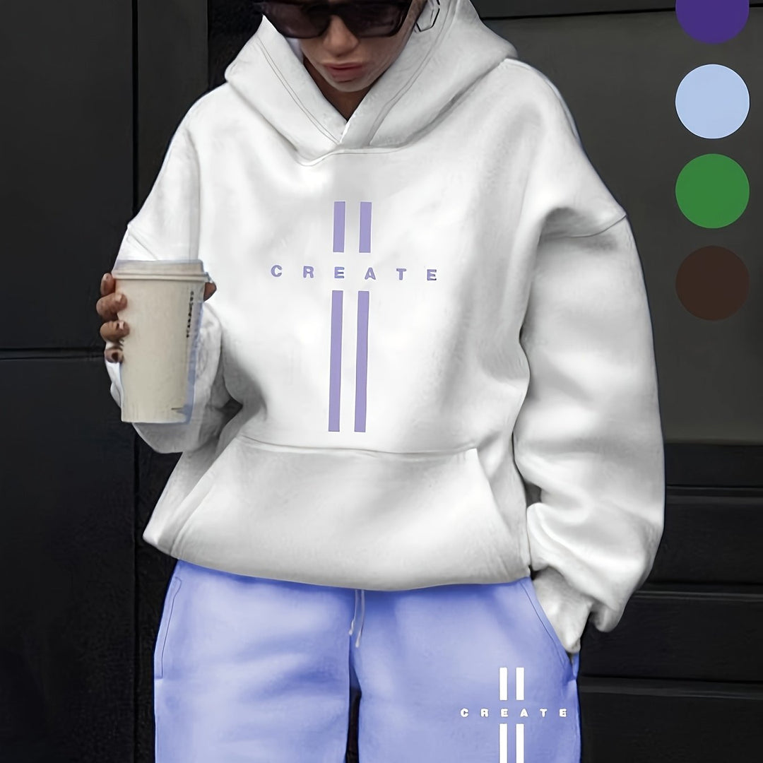Women'S 2pcs Outfits CREATE Print Hoodie And Sweatpants Set, Fall Winter Oversized Fleece-Lined Casual With Pockets