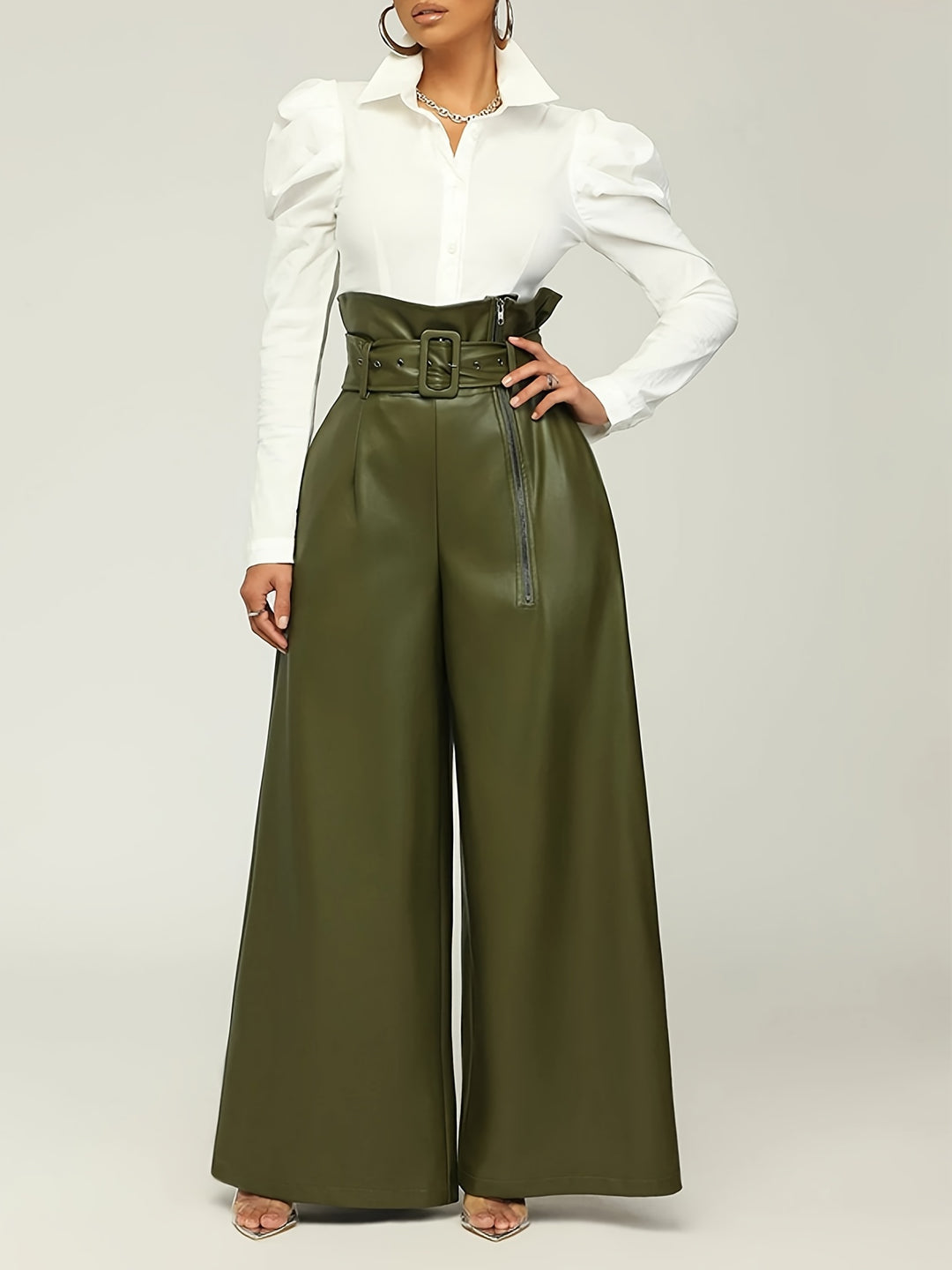 Women's High-Waisted Wide Leg Pants with Metallic Belt Detail