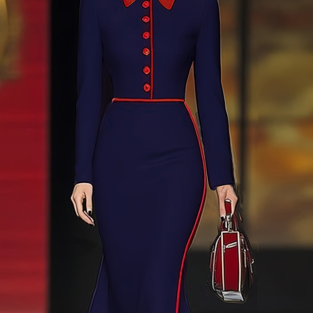 Navy Blue Collar Mermaid Dress with Red/White Trim - Tailored Fitted Midi Length Office to Party Wear, Structured Collar & Cuff Sleeve Panel Dress for Professional & Formal Events (Hand Washable)