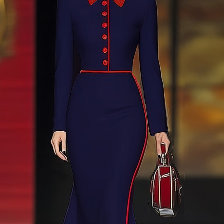 Navy Blue Collar Mermaid Dress with Red/White Trim - Tailored Fitted Midi Length Office to Party Wear, Structured Collar & Cuff Sleeve Panel Dress for Professional & Formal Events (Hand Washable)