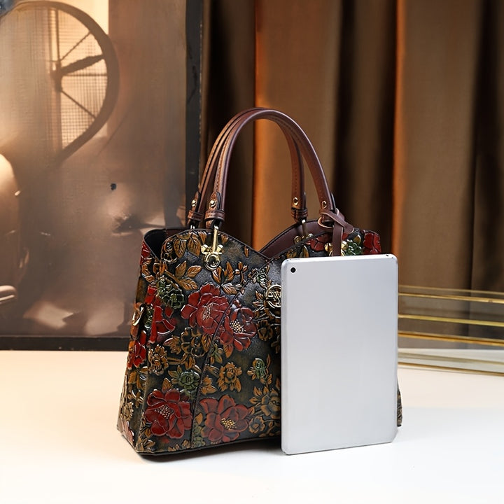 Floral Handbag for Wo, Autumn Winter New Arrival, Hand-Painted Tote with Zipper Closure, Elegant Mom Purse