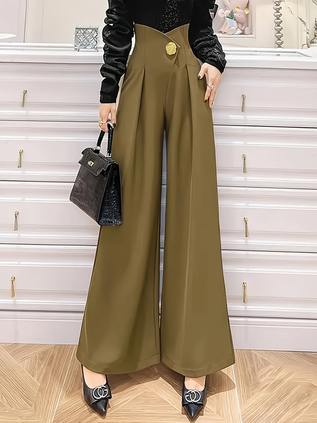 Women's High-Waisted Wide-Leg Dress Pants with Button Closure