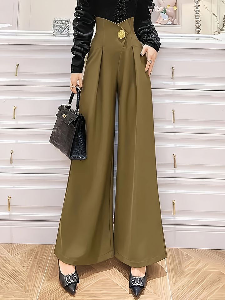 Women's High-Waisted Wide-Leg Dress Pants with Button Closure