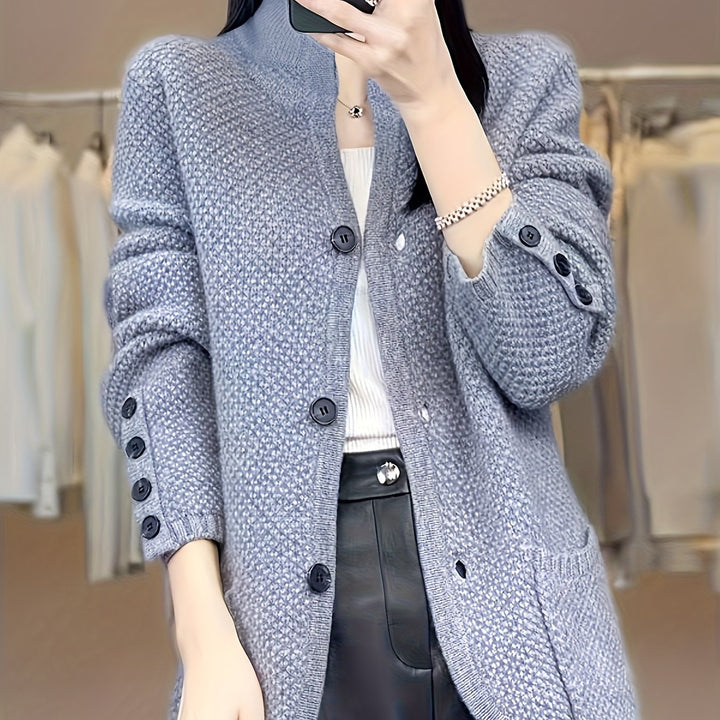 Elegant Women's High Neck Pocket Cardigan Coat, Autumn and Winter Outfit, Casual Streetwear for Daily Commute