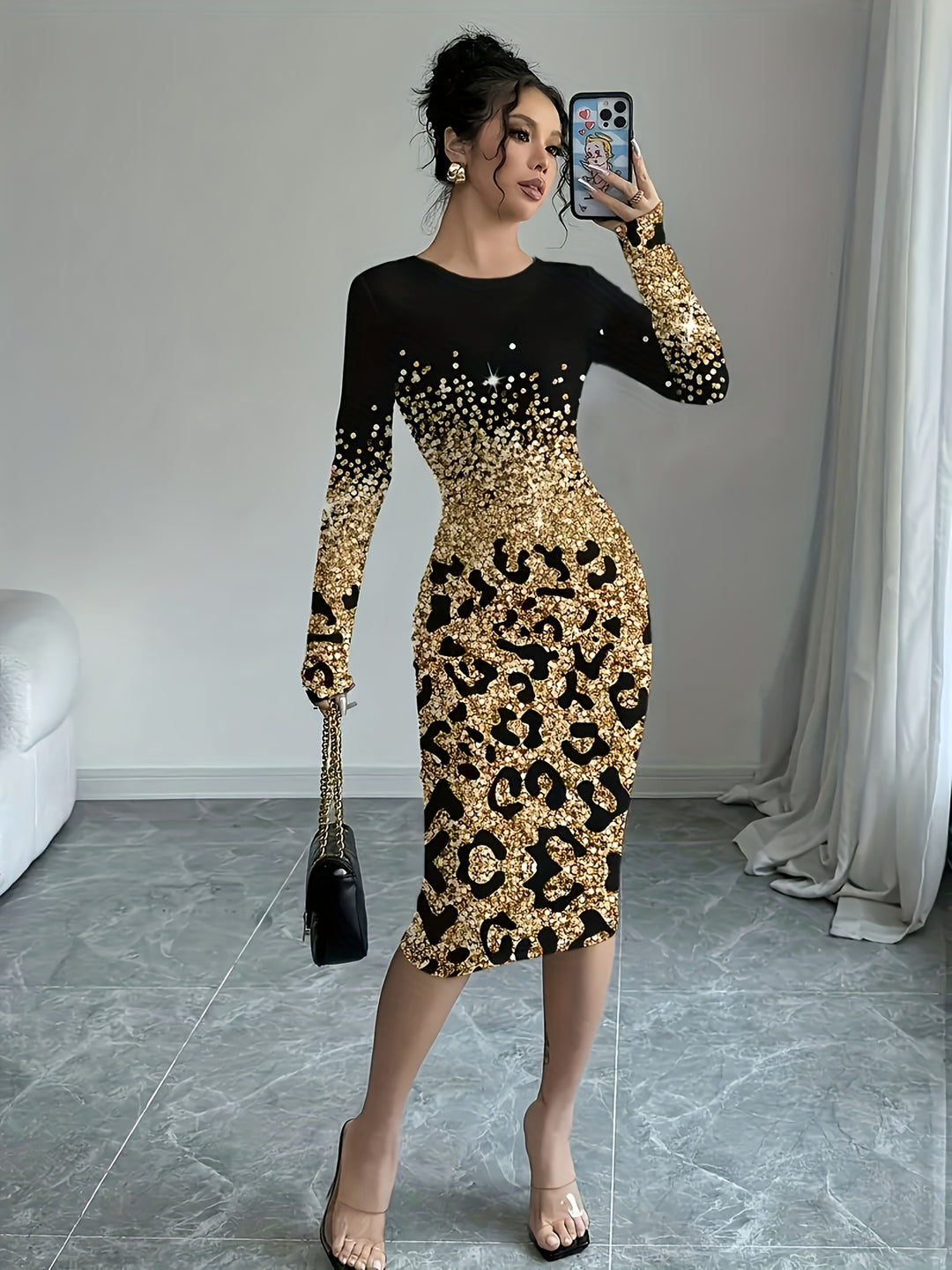 Women'S Elegant Golden Foil Leopard Print Maxi Dress