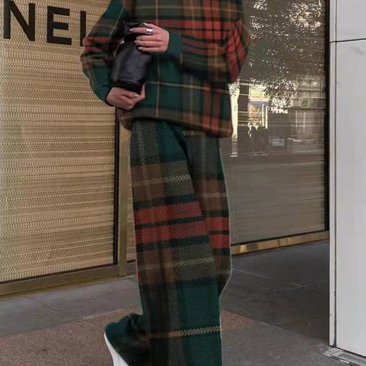 Women's Houndstooth Pants Set - Loose High-Neck Long Sleeve Two-Piece Outfit