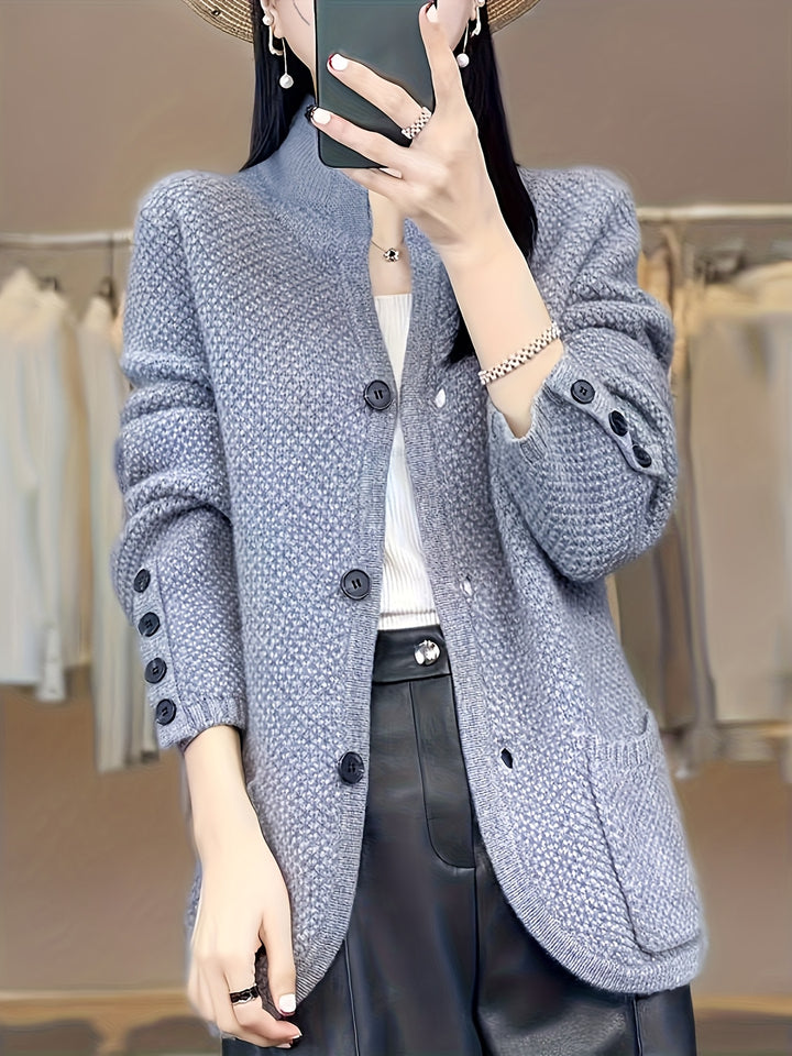 Elegant Women's High Neck Pocket Cardigan Coat, Autumn and Winter Outfit, Casual Streetwear for Daily Commute