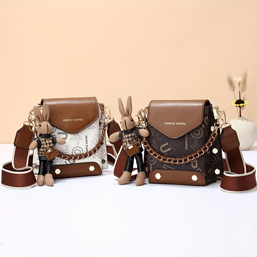 FKTSR Women's Elegant Mini Crossbody Handbag with Magnetic Closure & Adjustable Chain Strap - Golden-Tone Hardware, Brown/White, Compact Purse with Wrist Strap & Detachable Strap, Golden-Tone Hardware, Lining - Versatile Ever