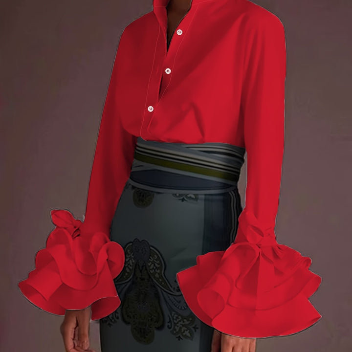 Chic Solid Flared Sleeve Blouse - Elegant Single Button - Perfect for Spring & Fall Wardrobe