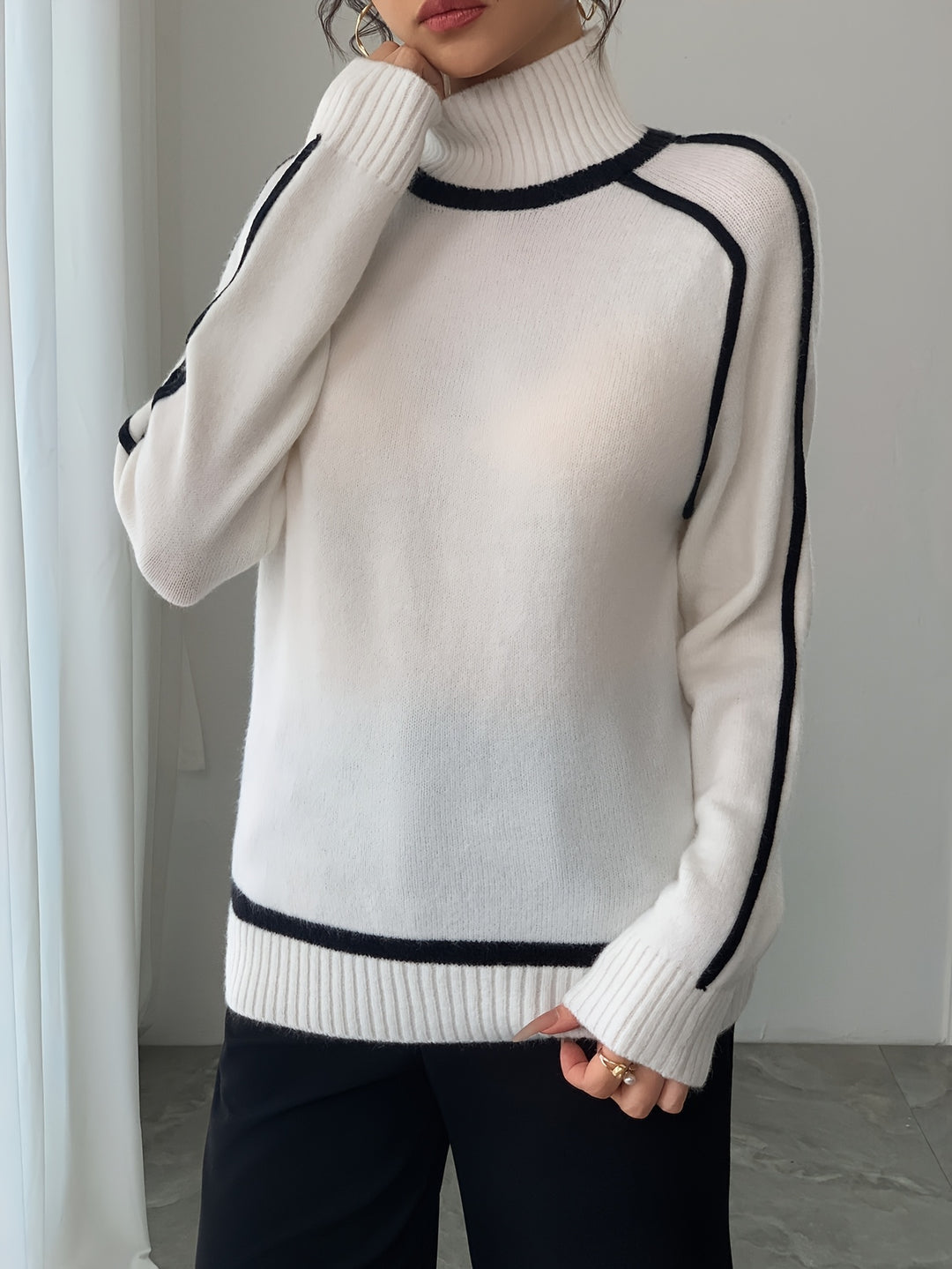 Elegant Black & White Striped Sweater | Women's High Neck Long Sleeve Top