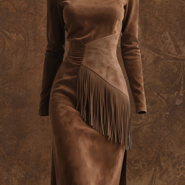 Women's Vintage Western Cowgirl Dress with Fringe Hem & Fringe Sleeves