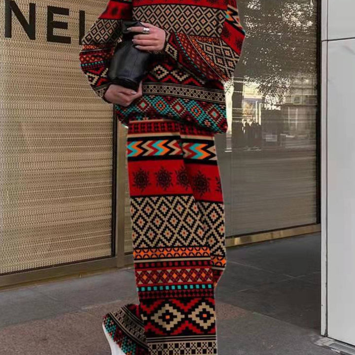 Women's Houndstooth Pants Set - Loose High-Neck Long Sleeve Two-Piece Outfit