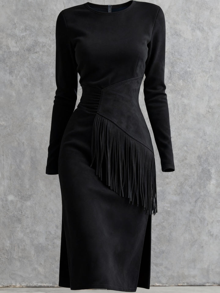 Women's Vintage Western Cowgirl Dress with Fringe Hem & Fringe Sleeves