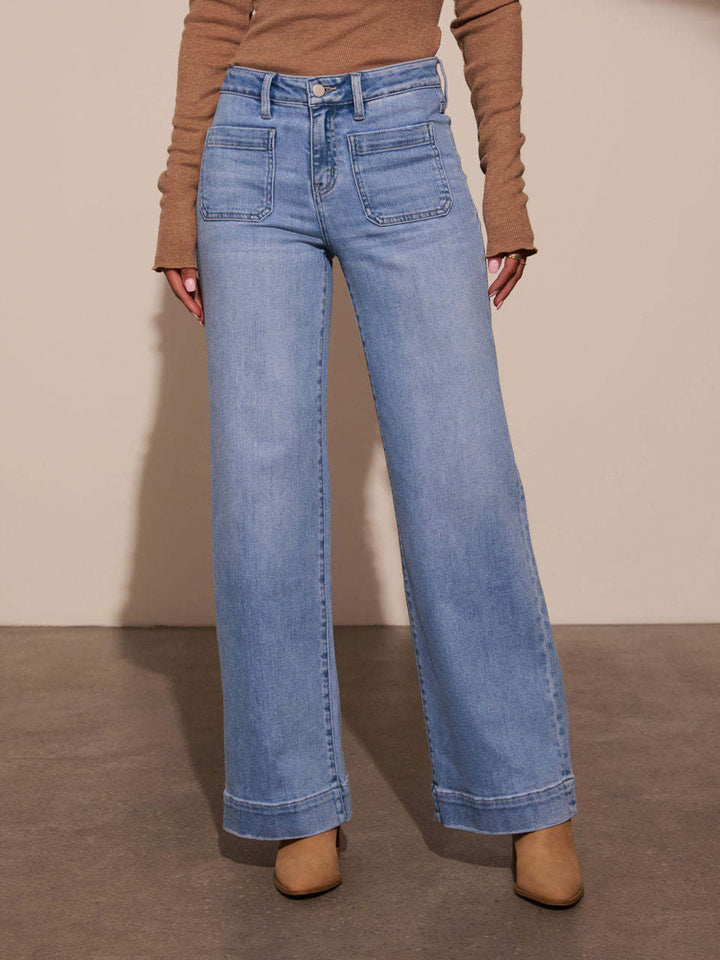 1pc Women'S High- Waisted Wide- Leg Jeans, Vintage Wash Trousers with Pocket Detail, Trendy Loose- Fit Pants Casual Outfits