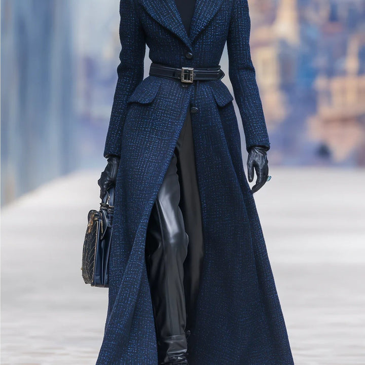 Women's Navy Blue Tweed Double-Breasted Longline Coat with Belted Waist