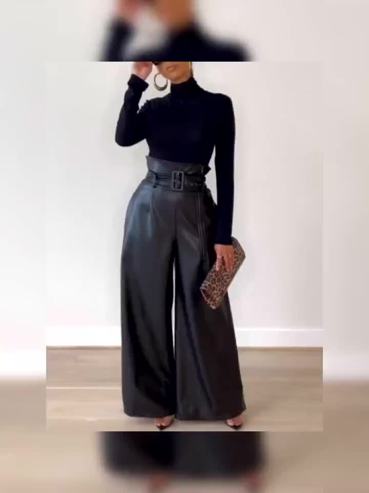 Women's High-Waisted Wide Leg Pants with Metallic Belt Detail