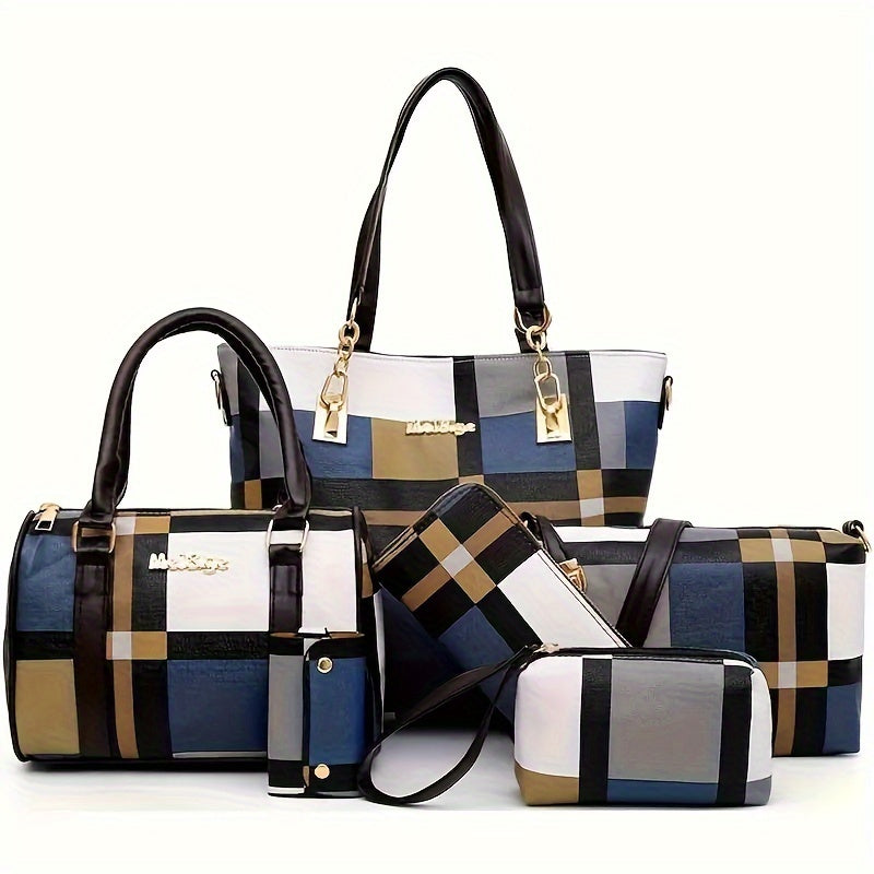6pcs/set Large Capacity Checkered Pattern Shoulder Bag With Simple Handbag