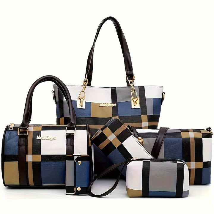 6pcs/set Large Capacity Checkered Pattern Shoulder Bag With Simple Handbag