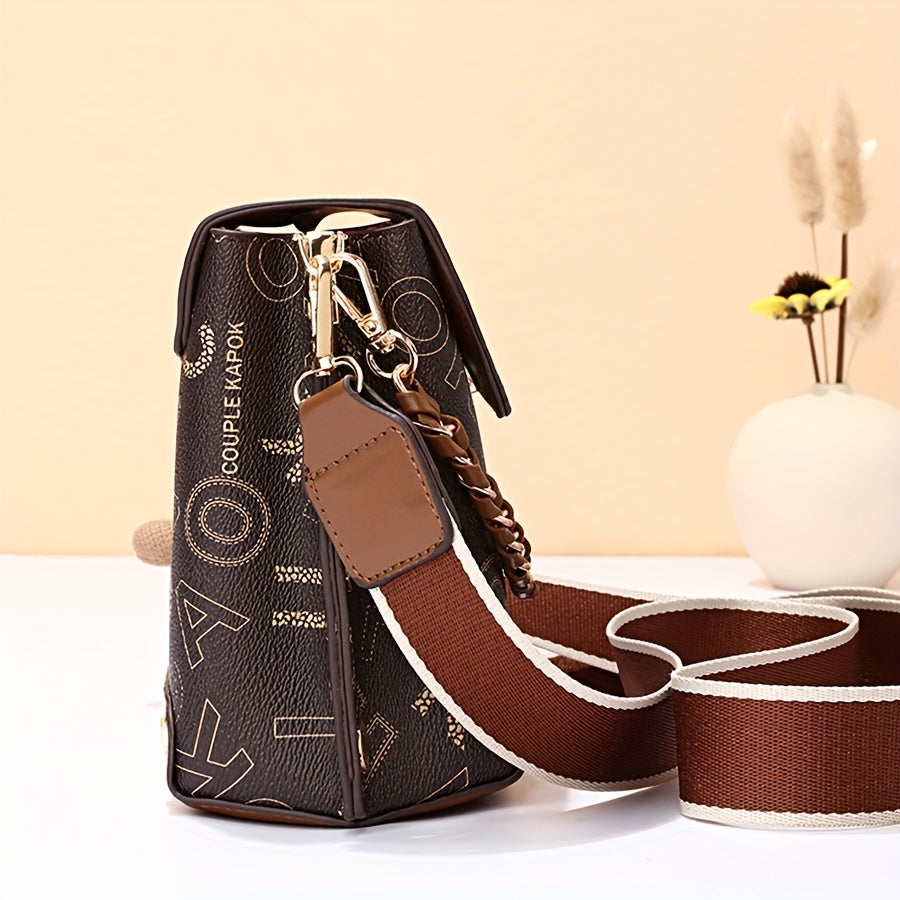 FKTSR Women's Elegant Mini Crossbody Handbag with Magnetic Closure & Adjustable Chain Strap - Golden-Tone Hardware, Brown/White, Compact Purse with Wrist Strap & Detachable Strap, Golden-Tone Hardware, Lining - Versatile Ever