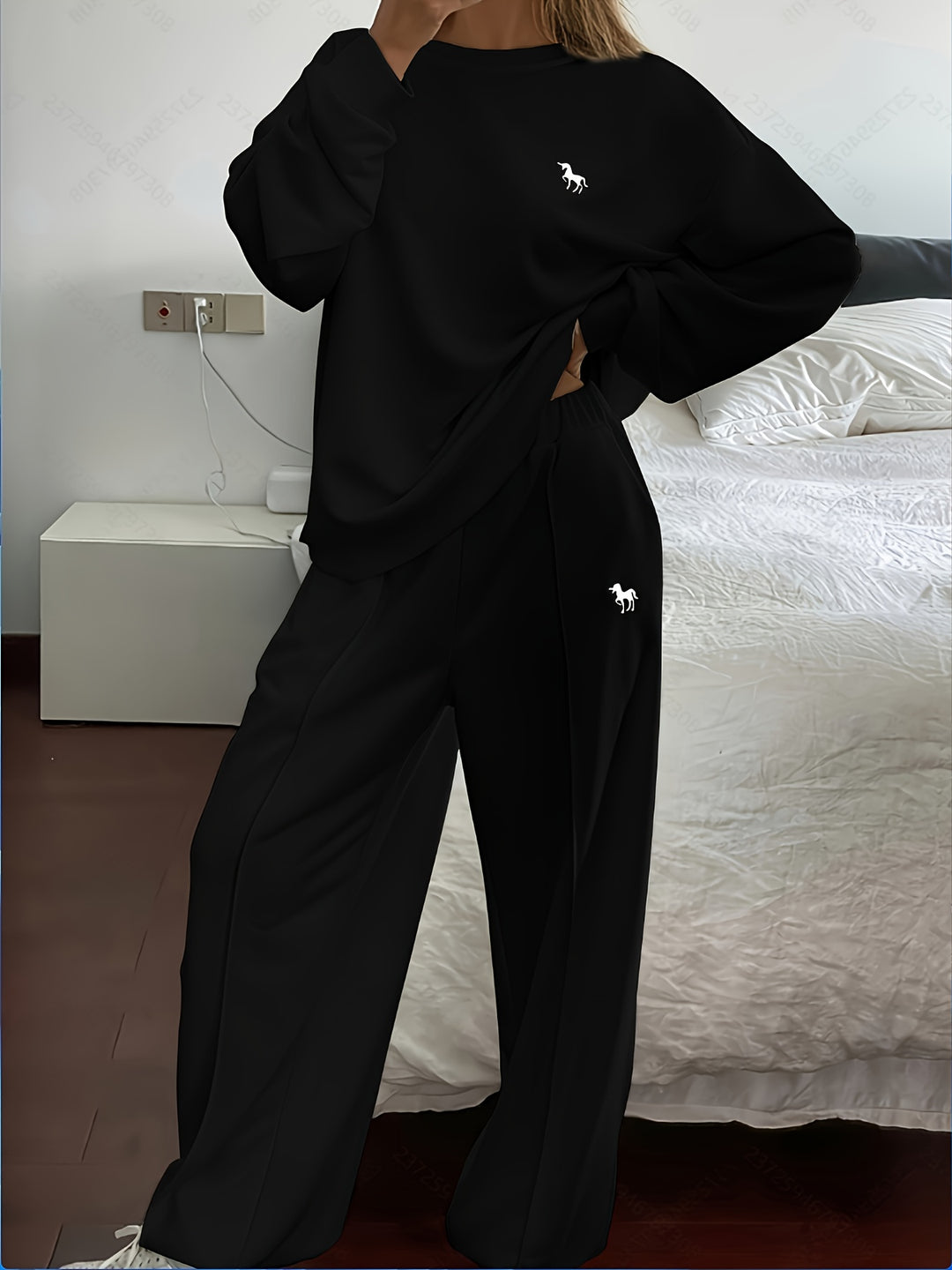 Solid Color Women's Casual Sweatshirt and Pants Set - Long Sleeve Crew Neck, Loose Fit, Embroidered Design, Perfect for Fall/Winter, Casual Wear|Casual Style|Embroidered Detailing, Sweater Dress