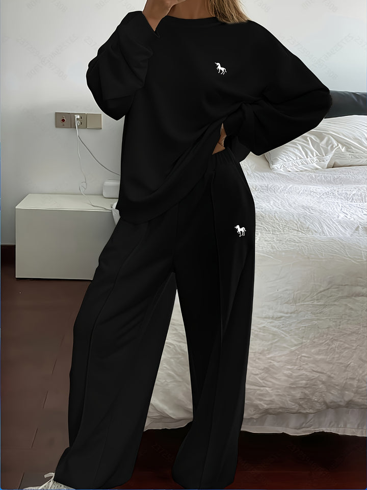 Solid Color Women's Casual Sweatshirt and Pants Set - Long Sleeve Crew Neck, Loose Fit, Embroidered Design, Perfect for Fall/Winter, Casual Wear|Casual Style|Embroidered Detailing, Sweater Dress