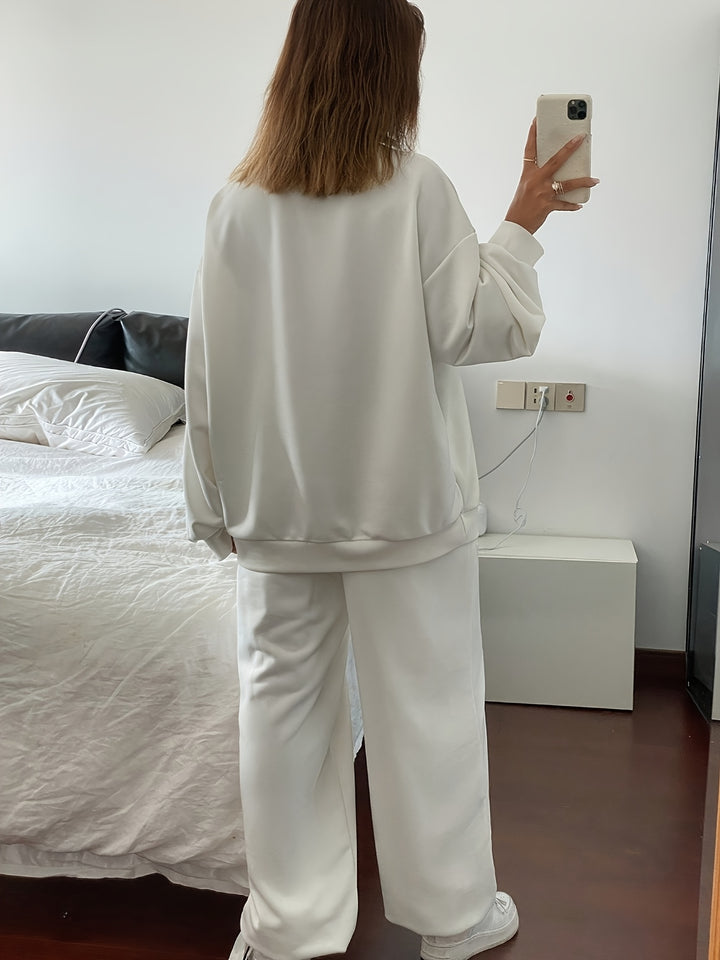 Solid Color Women's Casual Sweatshirt and Pants Set - Long Sleeve Crew Neck, Loose Fit, Embroidered Design, Perfect for Fall/Winter, Casual Wear|Casual Style|Embroidered Detailing, Sweater Dress