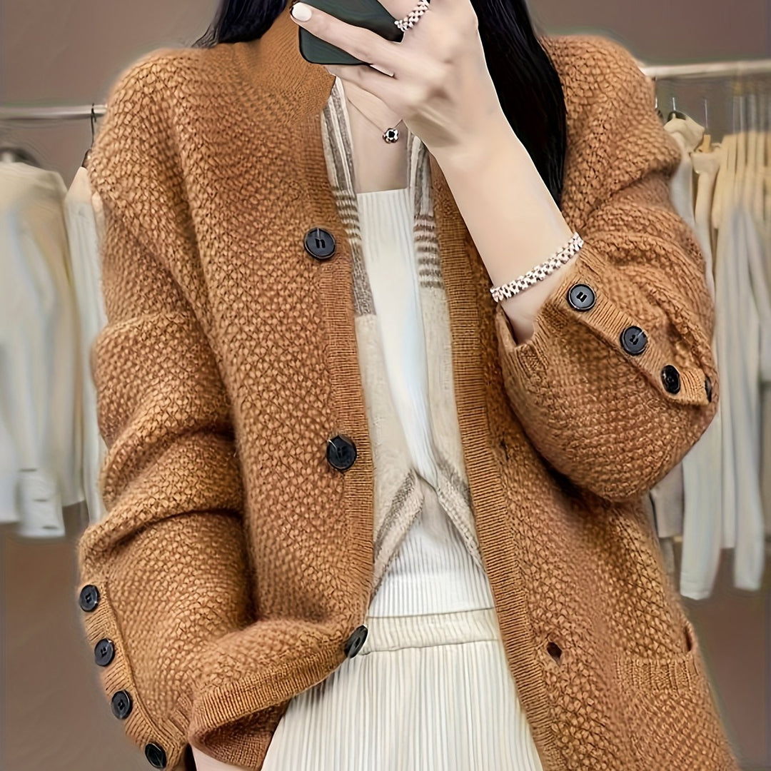 Elegant Women's High Neck Pocket Cardigan Coat, Autumn and Winter Outfit, Casual Streetwear for Daily Commute