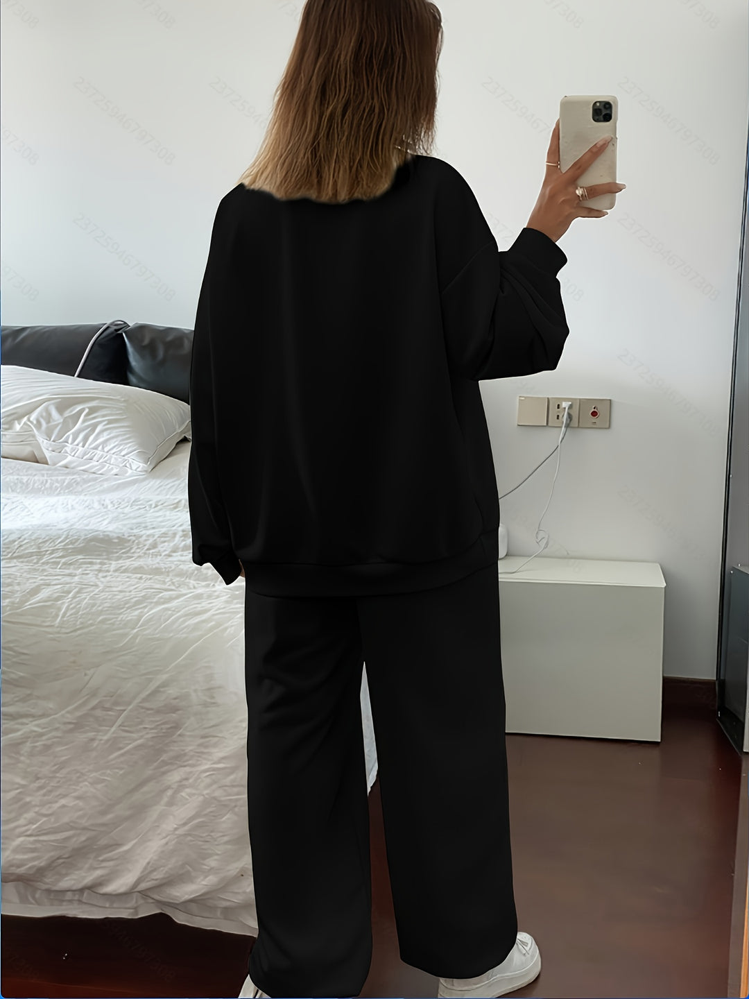 Solid Color Women's Casual Sweatshirt and Pants Set - Long Sleeve Crew Neck, Loose Fit, Embroidered Design, Perfect for Fall/Winter, Casual Wear|Casual Style|Embroidered Detailing, Sweater Dress