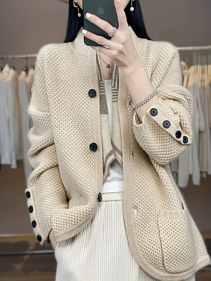 Elegant Women's High Neck Pocket Cardigan Coat, Autumn and Winter Outfit, Casual Streetwear for Daily Commute