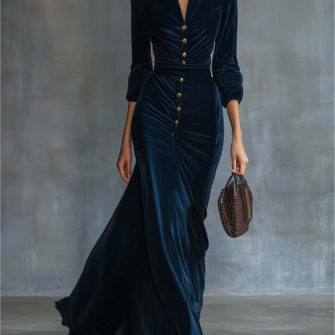 Women's Navy Blue Velvet Evening Gown