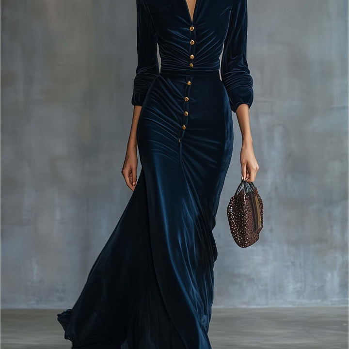 Women's Navy Blue Velvet Evening Gown