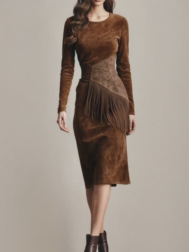 Women's Vintage Western Cowgirl Dress with Fringe Hem & Fringe Sleeves