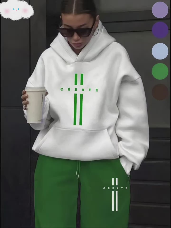 Women's 2pcs Outfits CREATE Print Hoodie And Sweatpants Set, Fall Winter